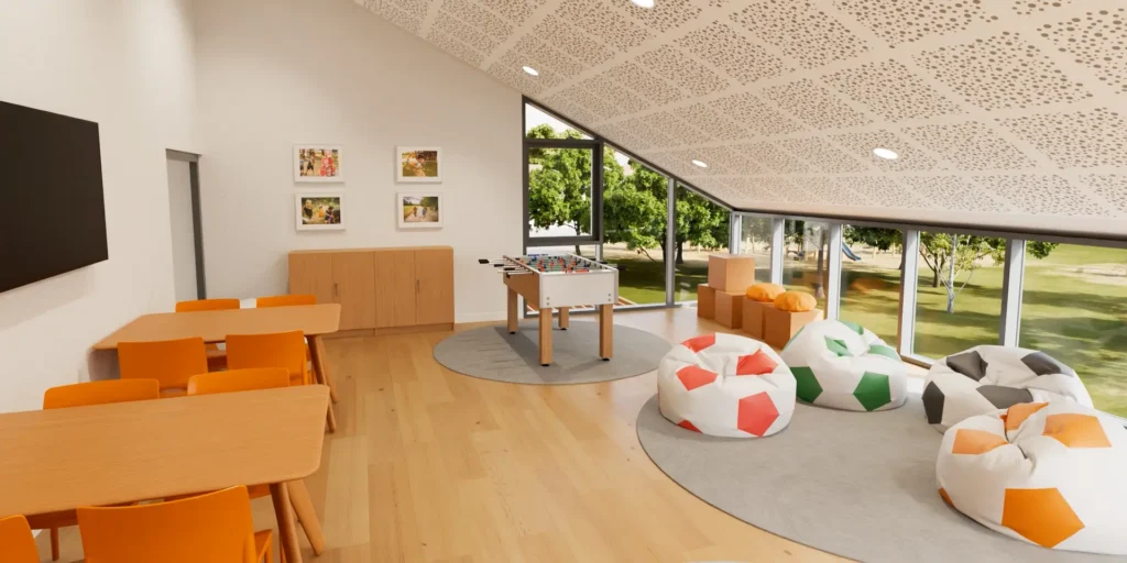 In dieser Architekturvisualisierung sehen wir den Innenraum mit Ruhezone und Spielmöglichkeiten